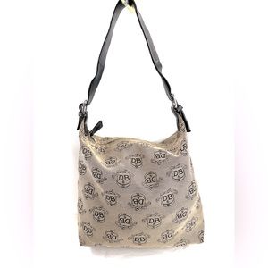 Dooney Bourke Gray Taupe Signature Jacquard Medium Shoulder Bag Black Trim